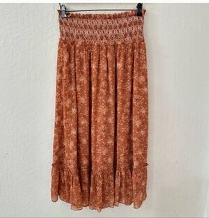 Blu Pepper Terracotta Orange Smocked Waist Maxi Midi Skirt Tiered Floral Large